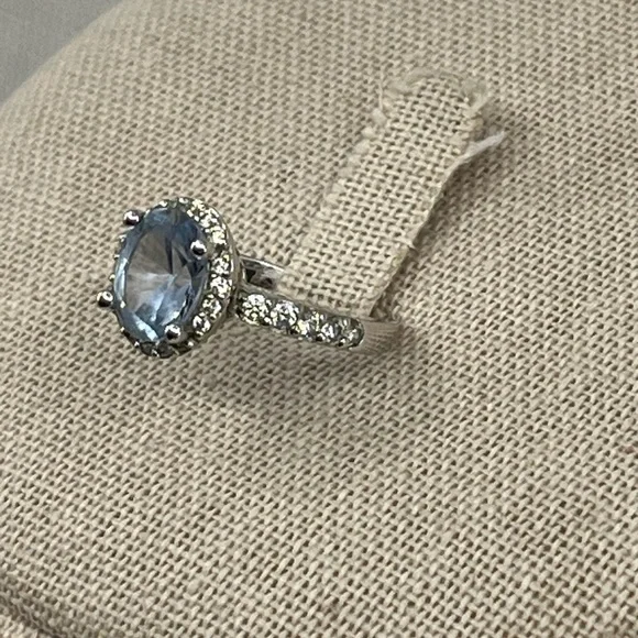 Vintage Estate Sterling Silver 925 Blue Topaz & Diamond Halo Ring – Size 6 - Picture 11 of 17